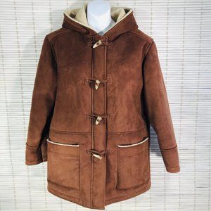 Lauren Ralph Lauren M Heavy Jacket Brown Microfiber Sherpa Hood Toggle & Zip EUC